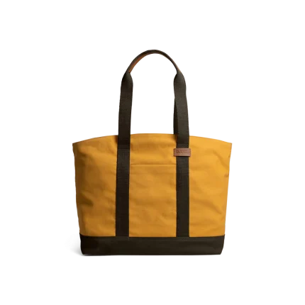 Mustard-Clove Field Tote Bag — canvas tote with contrast webbing handles, shown on white