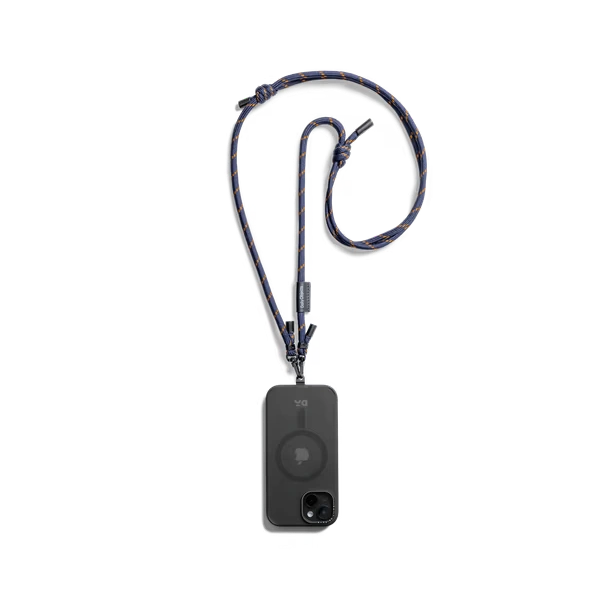 Navy-Crossbody-Phone-Lanyard-Cord Navy Crossbody Phone Lanyard - Cord attached to a black phone case, shown hanging against a white background