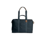 Navy Field Duffle Bag — canvas duffle with leather trim and twin handles, shown on white