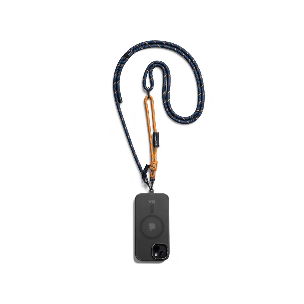 Navy-Orange-Crossbody-Phone-Lanyard-Cord Navy-Orange Crossbody Phone Lanyard - Cord attached to a black phone case, shown hanging against a white background