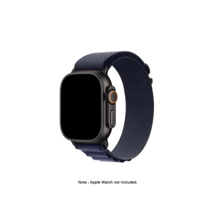 Navy Ridge Loop Apple Watch band fitted to an Apple Watch, shown on white — watch not included