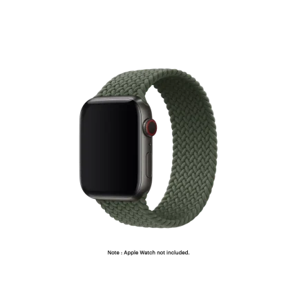 Olive Braided Solo Loop Apple Watch band fitted to an Apple Watch, shown on white — fits 42/44/45/49 mm cases, watch not included