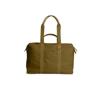Olive Green Field Duffle Bag — canvas duffle with leather trim and twin handles, shown on white