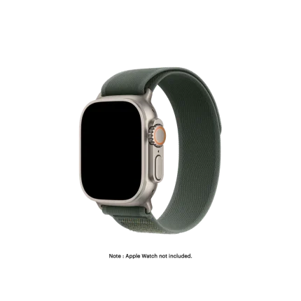 Olive Green Pull Tab Nylon Weave Apple Watch band fitted to an Apple Watch, shown on white — watch not included