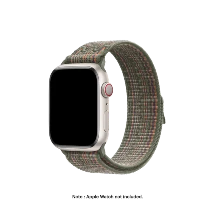Olive-Orange Sports Loop Apple Watch band fitted to an Apple Watch, shown on white — watch not included