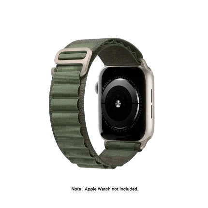 Green Ridge Loop Apple Watch band fitted to an Apple Watch, shown on white — watch not included
