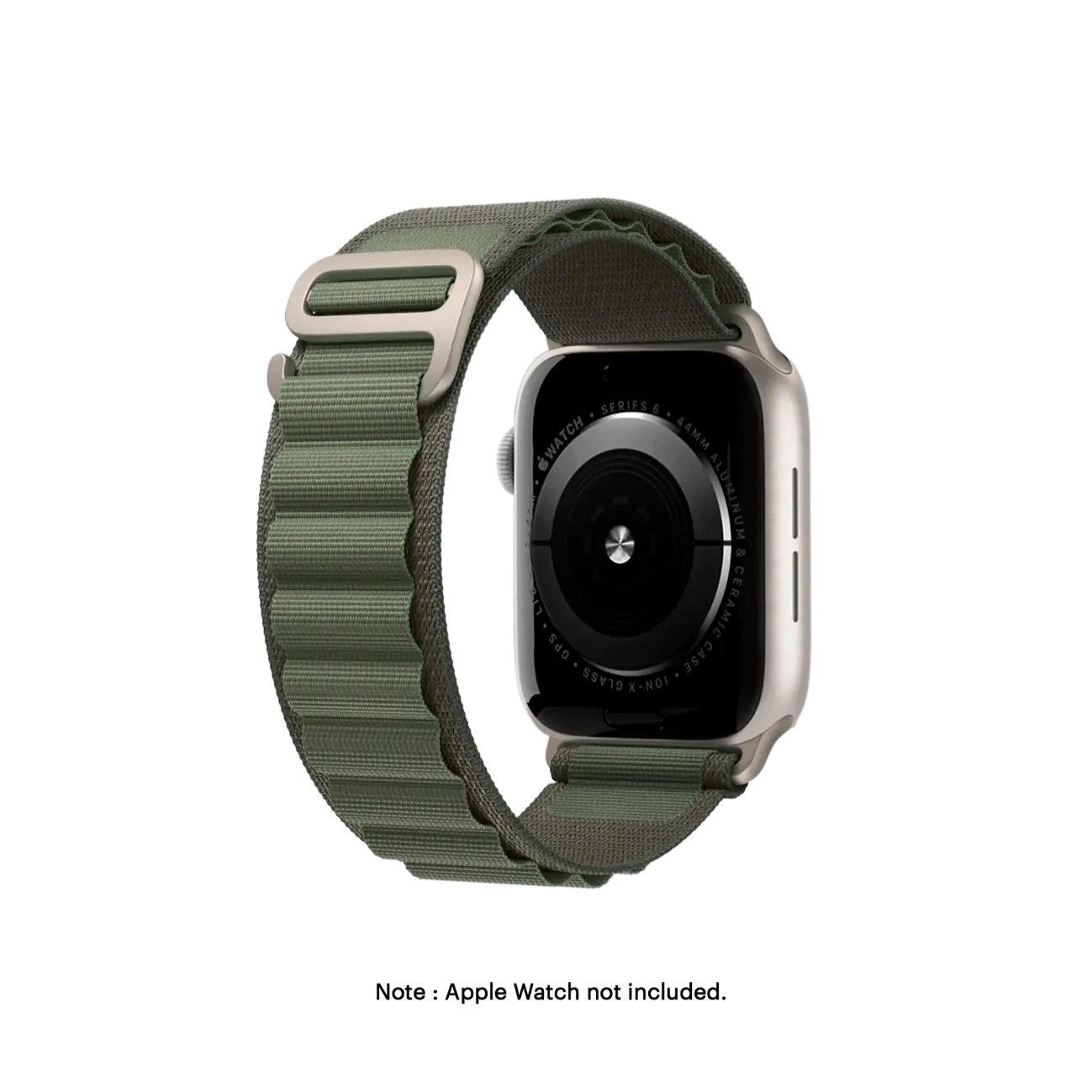 Olive-Ridge-Loop-Apple-WatchBand-3-view Green Ridge Loop Apple Watch band fitted to an Apple Watch, shown on white — watch not included