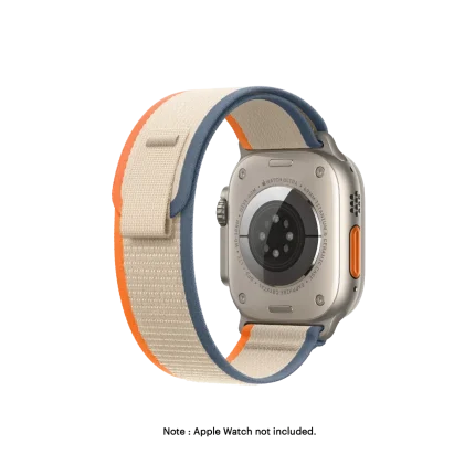 Orange-Beige Pull Tab Nylon Weave Apple Watch band fitted to an Apple Watch, shown on white — watch not included