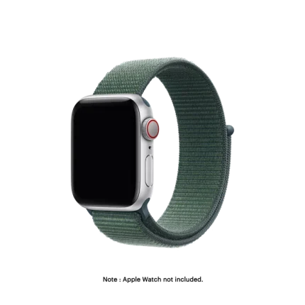 Pine Green Nylon Loop Apple Watch band fitted to an Apple Watch, shown on white — fits 38/40/41 mm cases, watch not included