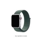 Pine Green Nylon Loop Apple Watch band fitted to an Apple Watch, shown on white — fits 42/44/45/46/49 mm cases, watch not included