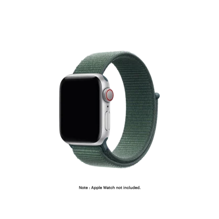 Pine Green Nylon Loop Apple Watch band fitted to an Apple Watch, shown on white — fits 42/44/45/46/49 mm cases, watch not included