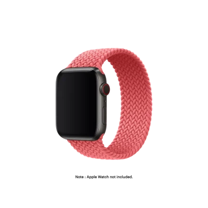 Pink Braided Solo Loop Apple Watch band fitted to an Apple Watch, shown on white — fits 38/40/41 mm cases, watch not included