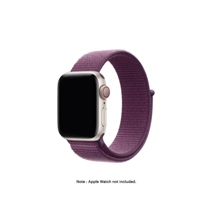 Plum Nylon Loop Apple Watch band fitted to an Apple Watch, shown on white — fits 38/40/41 mm cases, watch not included