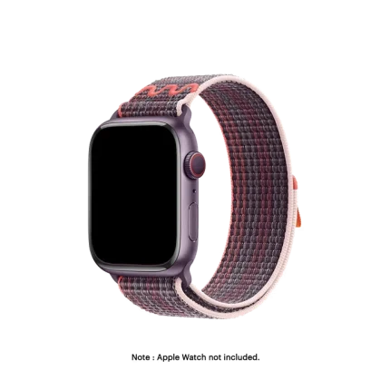 Plum-Orange Sports Loop Apple Watch band fitted to an Apple Watch, shown on white — watch not included