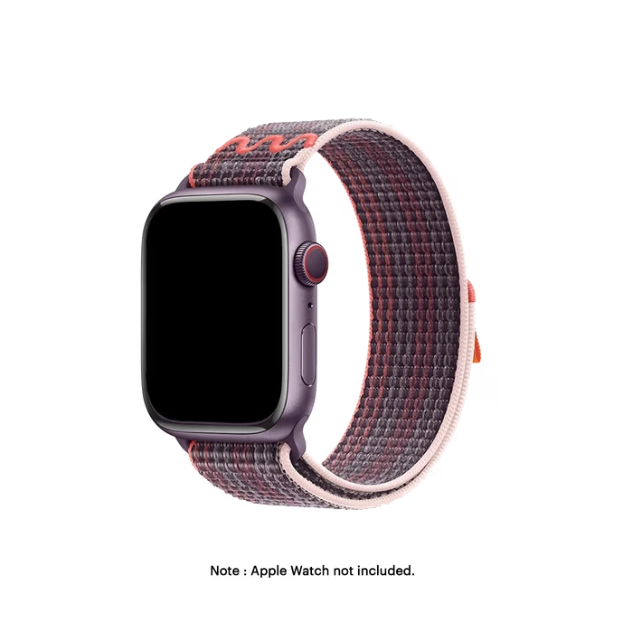 Plum-Orange-Sports-Loop-Apple-WatchBand Plum-Orange Sports Loop Apple Watch band fitted to an Apple Watch, shown on white — watch not included