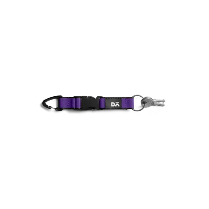 Purple Flint Keychain laid flat on white — webbing strap with a metal clip and D-ring