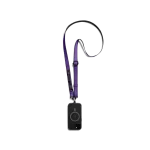Purple Strobe Lanyards attached to a black phone case, shown hanging against a white background