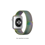 Rainbow Magnetic Milanese Loop Apple Watch band fitted to an Apple Watch, shown on white — fits 42/44/45/49 mm cases, watch not included