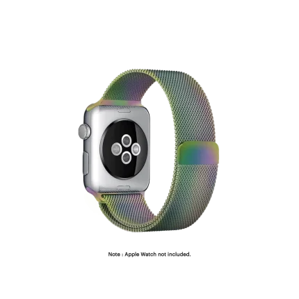 Rainbow Magnetic Milanese Loop Apple Watch band fitted to an Apple Watch, shown on white — fits 38/40/41 mm cases, watch not included