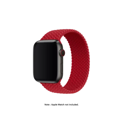 Red Braided Solo Loop Apple Watch band fitted to an Apple Watch, shown on white — fits 42/44/45/49 mm cases, watch not included