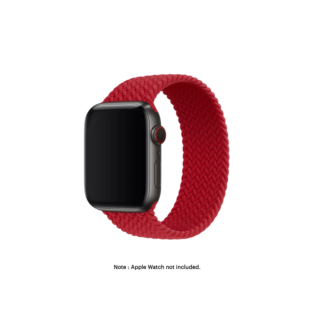 Red-Braided-Solo-Loop-Apple-WatchBand-vW Red Braided Solo Loop Apple Watch band fitted to an Apple Watch, shown on white — fits 38/40/41 mm cases, watch not included
