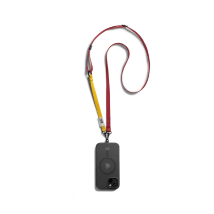 Red-Yellow Crossbody Phone Lanyard - Strap attached to a black phone case, shown hanging against a white background
