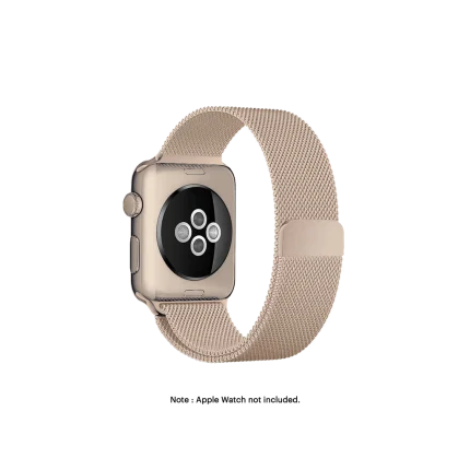 Rose Gold Magnetic Milanese Loop Apple Watch band fitted to an Apple Watch, shown on white — fits 42/44/45/49 mm cases, watch not included