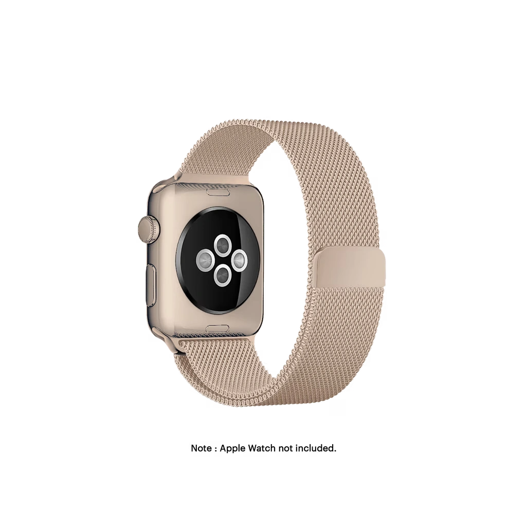 Rose-Gold-Magnetic-Milanese-Loop-Apple-WatchBand-42-44-45 Rose Gold Magnetic Milanese Loop Apple Watch band fitted to an Apple Watch, shown on white — fits 42/44/45/49 mm cases, watch not included