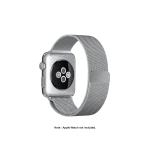 Silver Magnetic Milanese Loop Apple Watch band fitted to an Apple Watch, shown on white — fits 42/44/45/49 mm cases, watch not included
