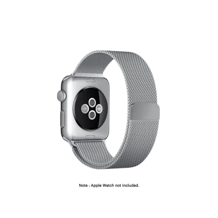 Silver Magnetic Milanese Loop Apple Watch band fitted to an Apple Watch, shown on white — fits 42/44/45/49 mm cases, watch not included
