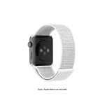 Silver Nylon Apple Watch band fitted to an Apple Watch, shown on white — fits 42/44/45/49 mm cases, watch not included