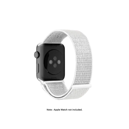 Silver Nylon Apple Watch band fitted to an Apple Watch, shown on white — fits 38/40/41 mm cases, watch not included