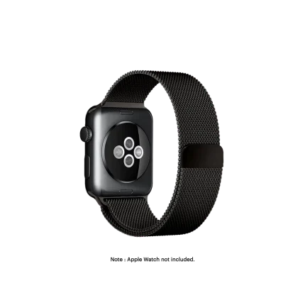 Space Black Magnetic Milanese Loop Apple Watch band fitted to an Apple Watch, shown on white — fits 38/40/41 mm cases, watch not included