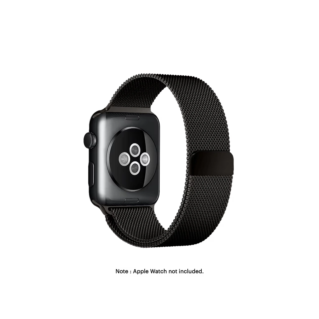Space-Black-Magnetic-Milanese-Loop-Apple-WatchBand-38-40Vw Space Black Magnetic Milanese Loop Apple Watch band fitted to an Apple Watch, shown on white — fits 38/40/41 mm cases, watch not included