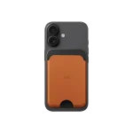 Tan-Grey Leather MagSafe Card Wallet attached to the back of a black iPhone, shown on white