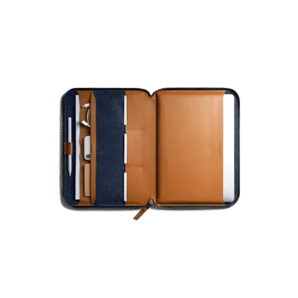 Urbane Tech Folio Tan by DailyObjects – tan vegan leather tech organiser with blue felt interior