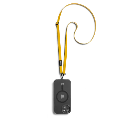 Yellow Leatherite Crossbody Phone Lanyard - Strap attached to a black phone case, shown hanging against a white background