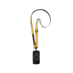 Yellow Strobe Lanyards attached to a black phone case, shown hanging against a white background