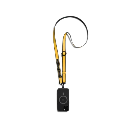 Yellow Strobe Lanyards attached to a black phone case, shown hanging against a white background